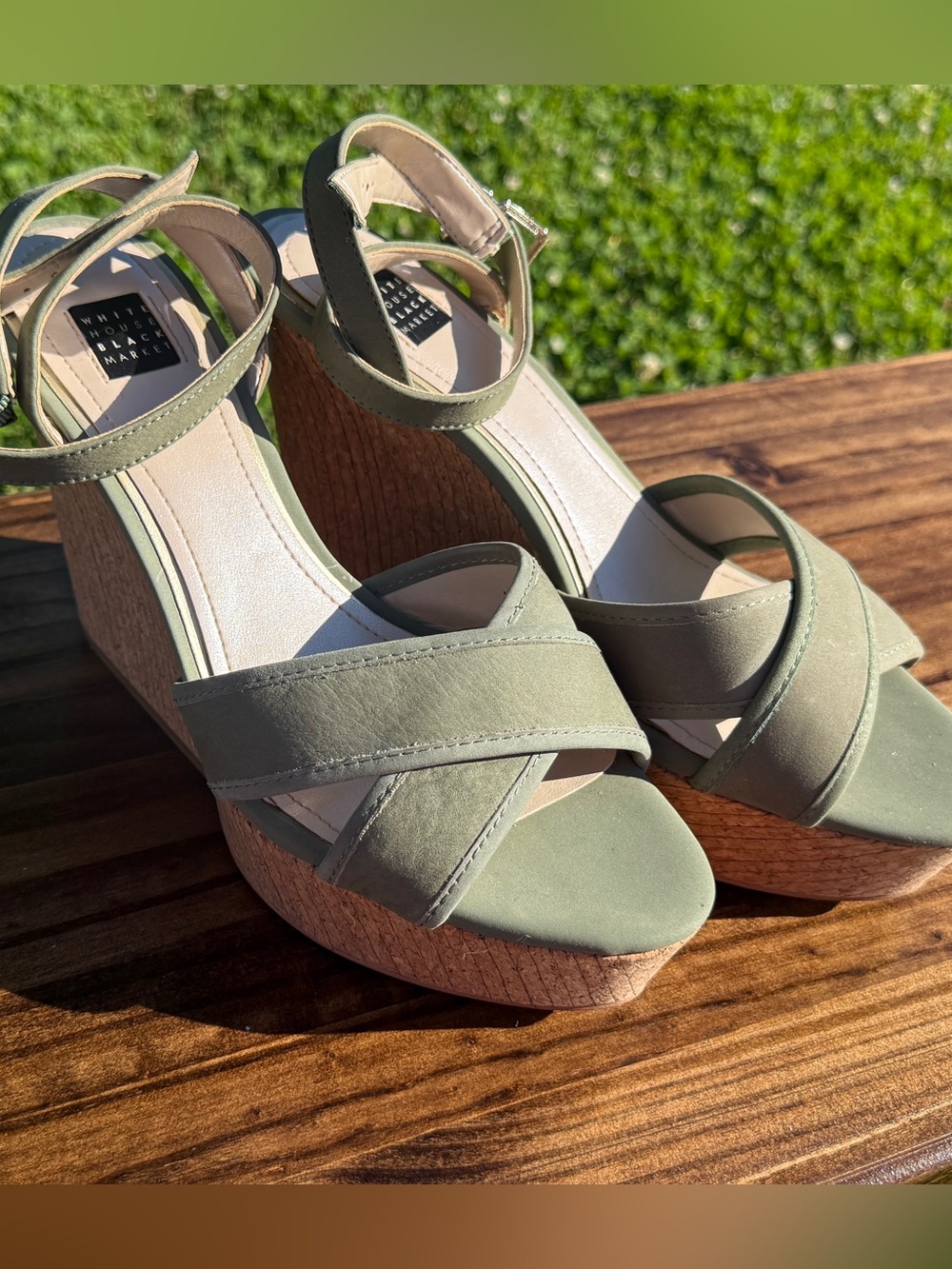 White House Black Market Olive Green Platform Cork Wedges